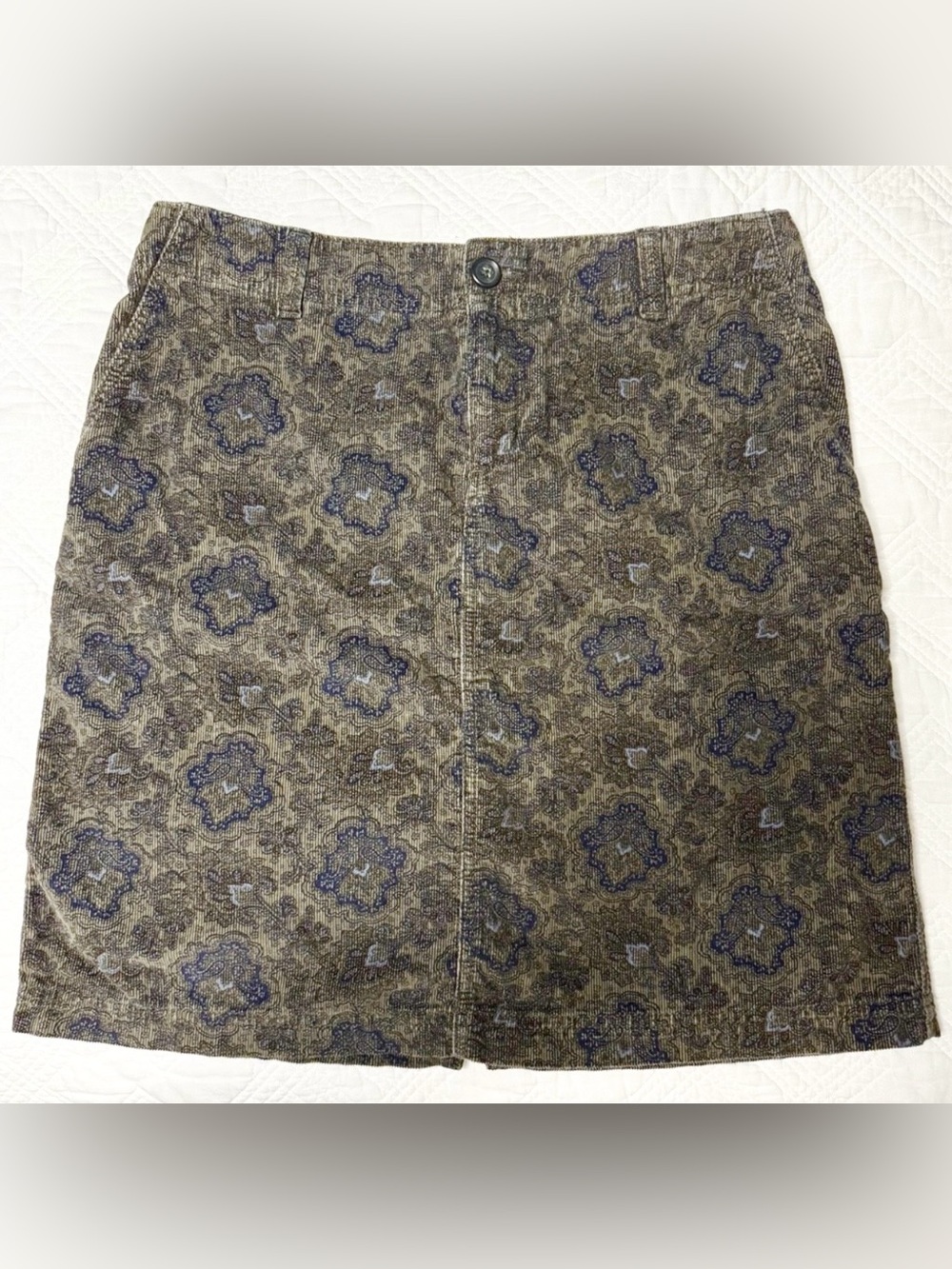 Eddie Bauer Paisley Tapestry Olive Navy Brown A-Line 20” Corduroy Skirt Size 10